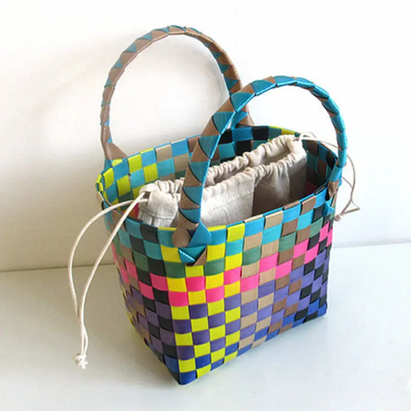 2022 Hand made woven colorful shopping basket bag personalized handbag vegetable basket bag set Holiday Beach Bag