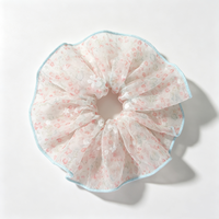 Chouchou à cheveux floral transparent, en mousseline douce avec bordure bleu clair, pour usage quotidien, imprimé floral vintage, foulard chouchou pour cheveux