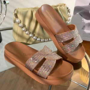 Factory Cheap Fashion Shiny Rhinestone Wedge Sandals Designer Sandals New Style High Quality Slipper Dress <b>Shoes</b> - Product Image 1