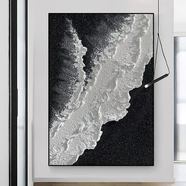 Arte de parede grande abstrata pintada à mão em 3D areia em tela textura grossa onda do mar