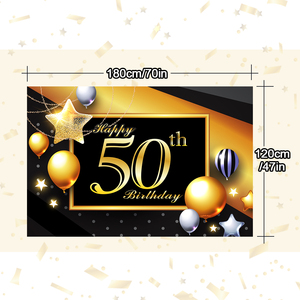 FSFLAG Moderne Grand 50e <span class=keywords><strong>Anniversaire</strong></span> Toile de Fond Décorations Happy70 X 47 Pouces Noir Or Polyester Bannière Femmes Hommes Articles De Fête - Product Image 2