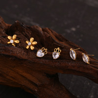 Set Anting CZ Stud Motif Bunga Mahkota Hati Marquise Zirkon, Bahan Stainless Steel Anti Alergi, Perhiasan Tindik Wanita