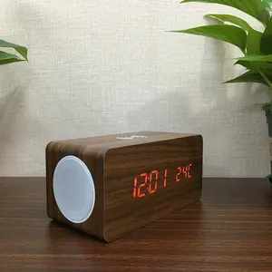 עץ שעון מעורר BT רמקול Qi 5W 10W אלחוטי טעינה שולחני reloj despertador טמפרטורת LED אור קול קול שליטה