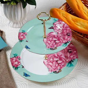 Royal style ceramic snack plates 2 tier bone china cake plate set porcelain dessert plates