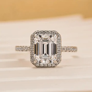 925 Moissanite Diamond 2.5 Carat Fancy <b>Emerald</b> Cut Halo Engagement <b>Ring</b> for Women in Sterling <b>Silver</b> White Gold Plated - Product Image 4