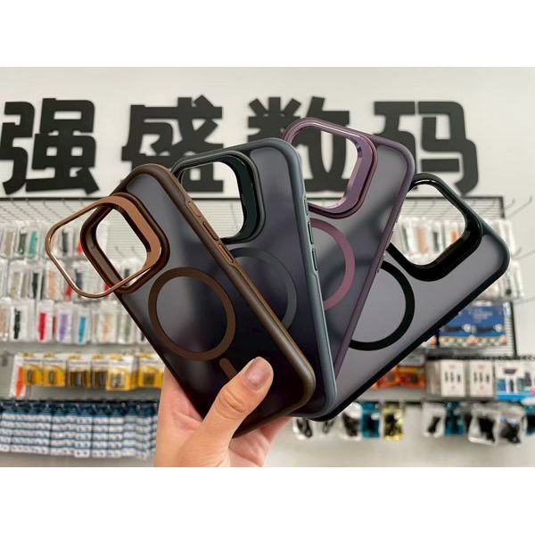 Magnetic TPU+PC Mobile Phone Case with Camera Frame Holder for Pure Color Protective Cover