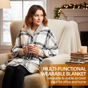 Manta Poncho Ponchó de Polonia, Gris a Cuadros, Forro Sherpa, Tipo Chal, Manos Libres, Acogedora para Invierno, Envío Rápido desde la UE - Product Image 2
