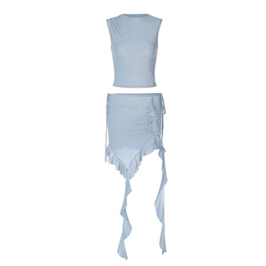 Conjunto de Dos Piezas para Mujer, Sexy, con Ombligo Descubierto, Top sin Mangas con Tirantes Cruzados, Falda con Cordón Ajustable en la Cadera, Vestido Petite - Product Image 5