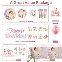 Ensemble de vaisselle et de serviettes de fête sur le thème des fées, bannière de fée, ballons, décorations de gâteaux et cupcakes, nappe, 201 pièces, décoration de premier anniversaire sur le thème des fées