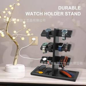 Wooden Watch Stand 3 Tier Black Multi Layer <b>Smart</b> Watch <b>Bracelet</b> Glasses Desktop Storage Rack With Charging Port - Product Image 2