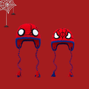MADESHINE Party Festive Red Superhero Spider Beanie Adultos Niños Hombres Divertido <span class=keywords><strong>Invierno</strong></span> Sombrero de ganchillo hecho a mano con pompón - Product Image 2