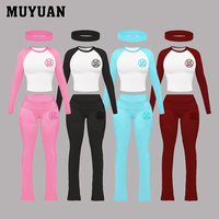 Ensemble de détente tendance en coton pour femme avec bandeau assorti - Haut à manches longues raglan et pantalon à taille repliable pour l'été