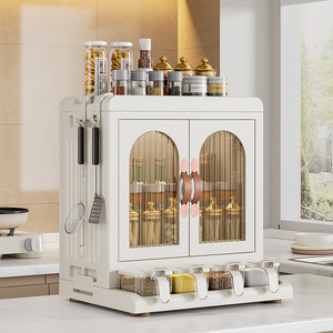 Kitchen Condiment Rack Countertop Storage Cabinet With Acrylic Doors And Drawers For Oil Salt Vinegar Seasoning Utensils - Product Image 3
