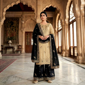 Ensemble de kurta brodée crème avec dupatta noir, longueur cheville, vêtements ethniques traditionnels indiens et pakistanais pour femmes - Product Image 1