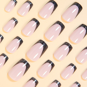 24 faux ongles courts carrés à presser par boîte, style français noir nude, polyvalents, style sombre, réutilisables, pour manucure de fête - Product Image 4