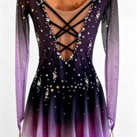Robe de patinage artistique à manches longues, dégradé noir et violet, avec strass faits à la main, dos lacé en maille, pour filles et adultes