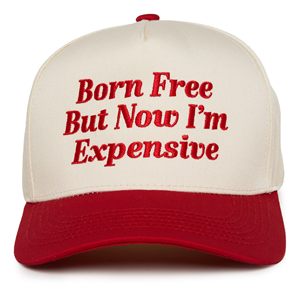 Gorra de Béisbol Bordada Bicolor Roja y Crema, 'Born Free but Now I'm Expensive', con Visera Curva, Ajustable, Divertida, de 5 Paneles, Deportiva - Product Image 1