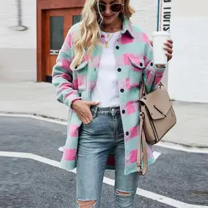 2024 Autumn And Winter New Style Brushed Woolen Coat Single-breasted Lapel Long-sleeved Plaid Cardigan Shirt For Women