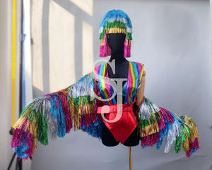 Ensemble de costume de scène pour chanteuse, avec manteau à franges, perruque et body, pour spectacle de danse, bar, spectacle commercial, Noël, divertissement - Product Image 2