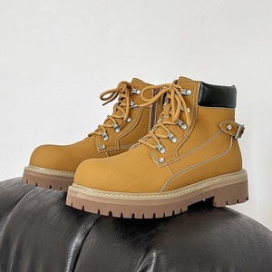 Botas con suela gruesa, aumento de altura, diseño cómodo de caña alta, estilo retro de motocicleta, con cordones, para montañismo al aire libre. - Product Image 1