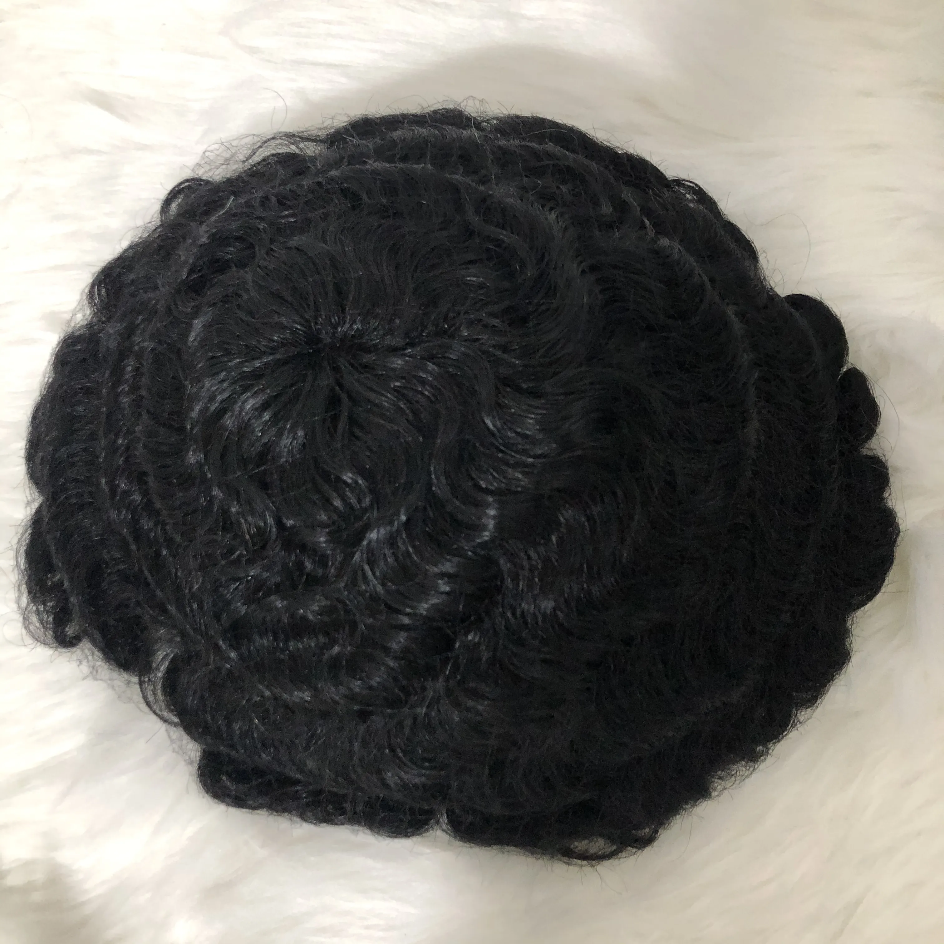 Unidad de cabello humano real para hombre, tupé negro azabache de encaje, rizado, africano, PU, con bucle en v, oferta