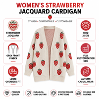Cardigan Jacquard Fraise Personnalisé pour Femme, Col V Ample, Ouvert sur le Devant, Veste Tricotée, Automne, OEM ODM, Vente en Gros, Commande en Gros, Usine