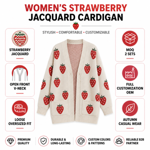 Cárdigan <span class=keywords><strong>de</strong></span> jacquard <span class=keywords><strong>de</strong></span> fresa personalizado para <span class=keywords><strong>mujer</strong></span>, suéter <span class=keywords><strong>de</strong></span> <span class=keywords><strong>punto</strong></span> holgado con cuello en V y frente abierto, para otoño, OEM, ODM, venta al por mayor, pedido a granel, directo <span class=keywords><strong>de</strong></span> fábrica - Product Image 4