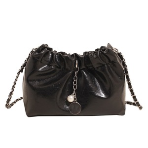 Black Patent Leather Drawstring <b>Shoulder</b> Bag With Chain <b>Strap</b> Minimalist Style Single Handle Daily Use All Seasons - Product Image 4