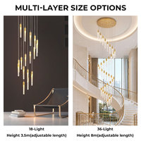 Lustre d'escalier en cristal à suspension longue, hauteur réglable, moderne, doré, multi-lumières LED, anti-éblouissement, contrôle sans fil, pour villa