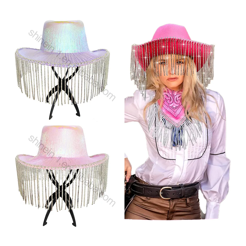 Cappello da Cowgirl al Neon con strass rosa metallizzato iridescente all'ingrosso cappello da Cowboy per la festa
