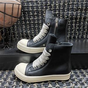 Yuvarlak ayak sokak yüksek üst kurulu <span class=keywords><strong>Sneakers</strong></span> siyah deri rahat kadın ayak bileği kış ayakkabı kadınlar Zip Lace up motosiklet çizmeler - Product Image 2