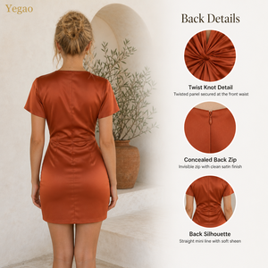 Vestidos Yegao para <span class=keywords><strong>Mujer</strong></span>, Elegantes, Color <span class=keywords><strong>Caramelo</strong></span>, Satinados, Mini Vestido Ajustado con Detalle de Torcedura, Vestidos Sexys al por Mayor, Pedido Personalizado de Fábrica - Product Image 2