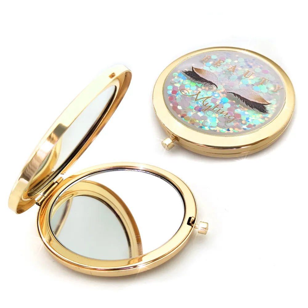 Factory Price Your Own Brand Luxury Make Up Mirror Metal Custom Laser Logo Pocket Folding Mirror