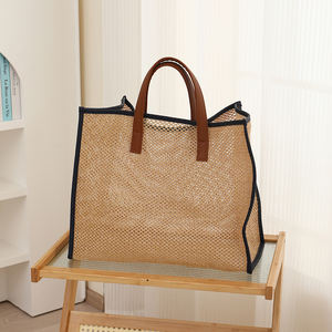 Sacs fourre-tout réutilisables <span class=keywords><strong>en</strong></span> paille tressée de haute qualité pour femmes, avec poignée <span class=keywords><strong>en</strong></span> <span class=keywords><strong>cuir</strong></span>, pour le shopping et les voyages - Product Image 3