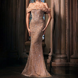 Abito da sera plissettato a sirena con paillettes color Champagne per cocktail party, abbigliamento per ospiti di nozze - Product Image 4