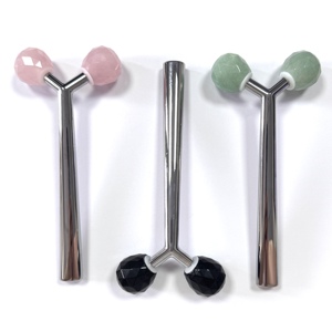 3D Jade Roller Facial Massage Tool Rose Quartz Black Obsidian Green Aventurine Metal Frame Portable Home Use - Product Image 6
