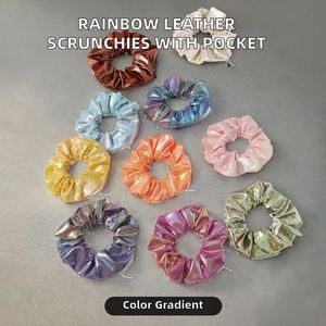 Rainbow Color Pu Leather Women and Girls-Zipper Hair Scrunchies With Hidden Pocket - Product Image 2
