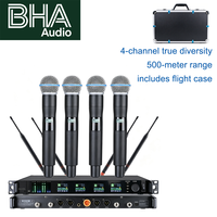 Microphone sans fil UHF à 4 canaux BHA Y-6004 True Diversity, portée 500m, avec flight case pour scène, église, karaoké, discours en direct