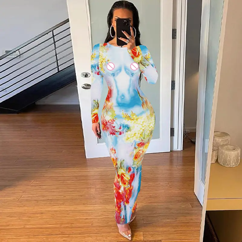 Fashion Summer Fall Lady Long Sleeve Contrast Colorful Floral Print Sexy O Neck Bodycon Long Maxi Dress Cheap Casual Women Dress