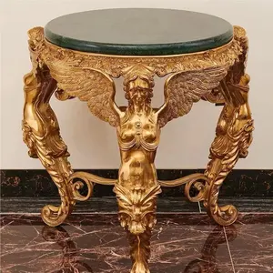 European luxury classical style solid wood frame table gold leaf finished 100% hand carved round side table