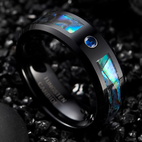 Vente flash Bague en carbure de tungstène noir avec incrustation de nacre d'ormeau Largeur 8 mm Pierre saphir bleue Alliance pour homme