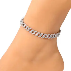 Gelang Kaki Modis Hip Hop Wanita Perhiasan Gelang Kaki Berkilau Rapper Perak Emas Rantai Kuba Tautan 8Mm Iced Out CZ Berlian Kuba Rantai Wanita