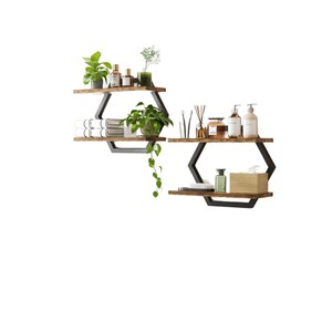 Hexagonal Wall <b>Shelf</b> Wood And Metal 2 Tier Multi Functional Storage For <b>Bedroom</b> Living Room - Product Image 1