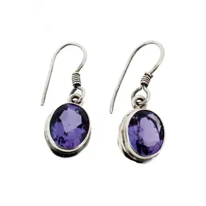 Bezel Setting 925 Silver Purple Zircon Earring Charming Royal Women Oval Amethyst Dangle Drop Hook Earrings
