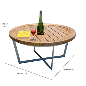 La table ronde Cattalina présente une base robuste en aluminium, un bois de teck élégant et des accents en fer, idéale pour les espaces extérieurs dans les villas. - Product Image 6