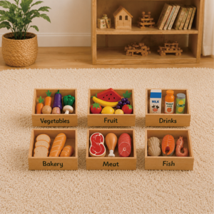 Jeu de caisse de supermarché en bois pour enfants avec fruits, légumes et accessoires éducatifs - Product Image 5