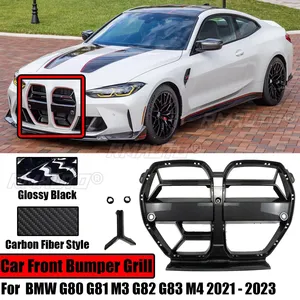 Grilles de pare-chocs avant pour BMW G80 G81 M3 G82 M4 G83 2021-2023, style fibre de carbone, calandre de capot, kit de remplacement noir brillant - Product Image 1
