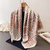 Écharpes en soie imprimées fleuries à la mode, châles à motif pied-de-poule pour femmes, doux et grands (90*90CM), en polyester effet soie