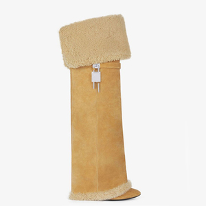 Women Winter Western Metal Shark Lock Over-the-Knee Suede Fur Fold-Over Pointed Toe Long Pants Booties Stilettos High Heels - Product Image 4