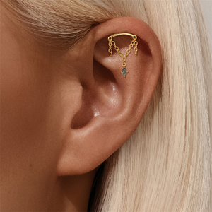 Pendiente Individual de Ágata Musgo Verde Natural, Plata de Ley S925 Chapada en Oro, Elegante Diseño de Rombo con Parte Trasera Plana, Joyería para Piercing - Product Image 5